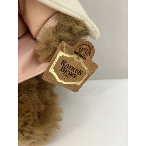 Vintage Robert Raikes Bear Pink Aviator Amelia Earhart Wooden Face Feet Tag NEW - Picture 3 of 11